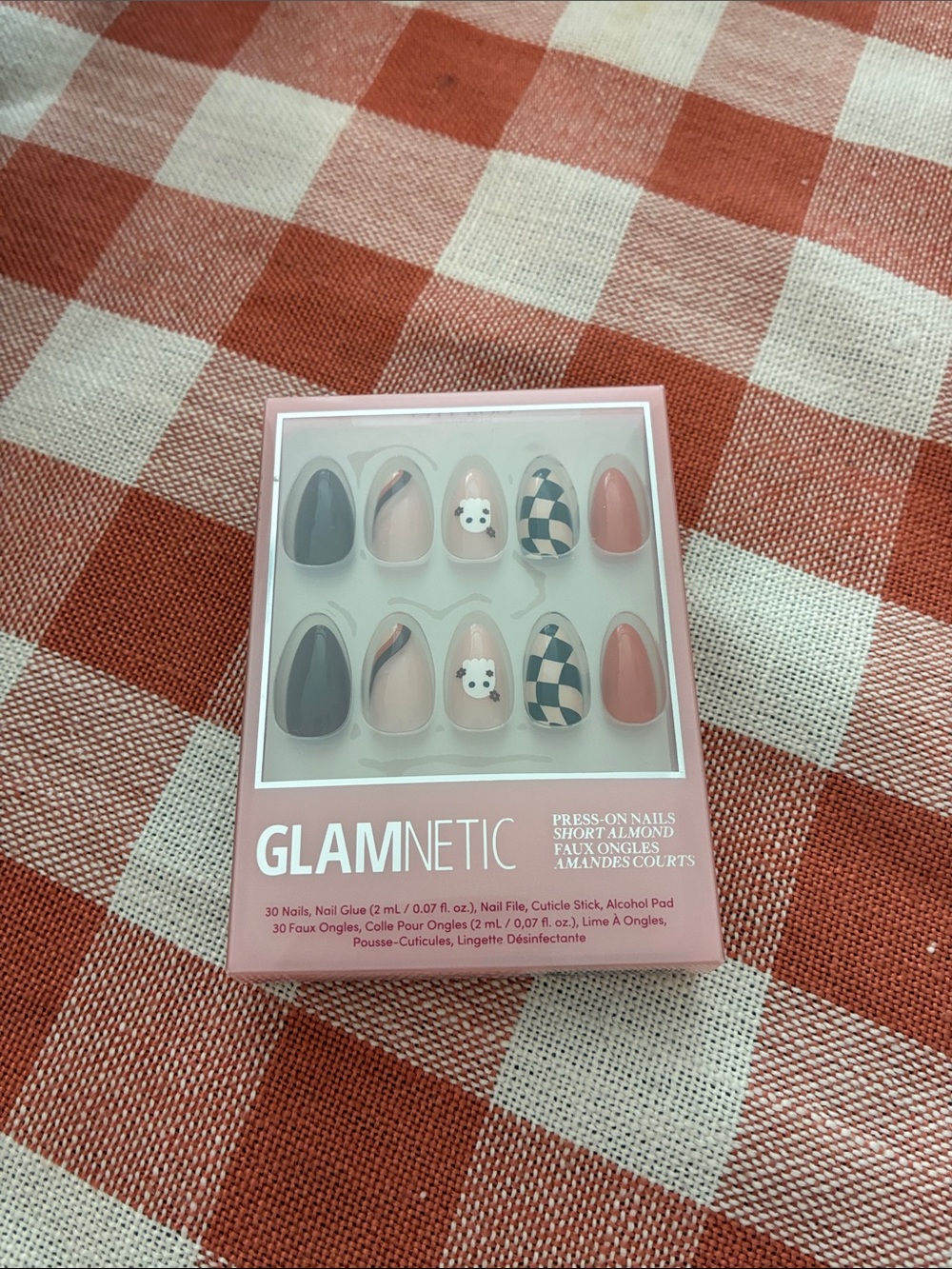 Press-On Nails - Pink & Gray Short Almond Set HALLOWEEN Fall Boo